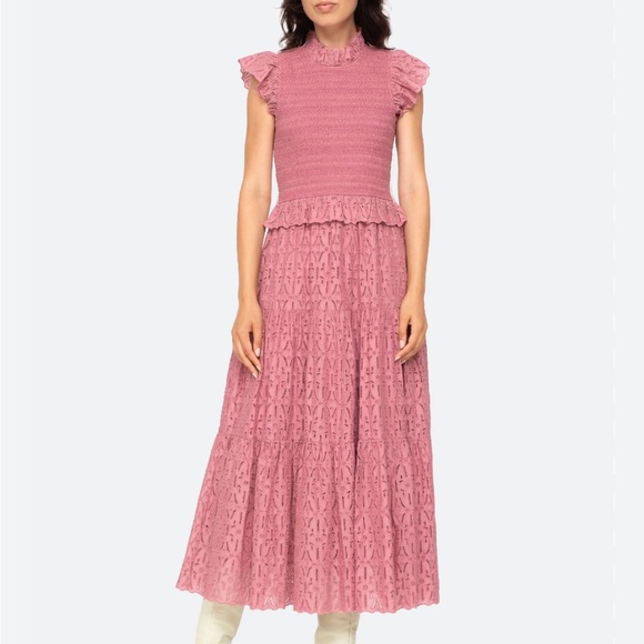 SEA NEW YORK Ingrid Smocked Ruffle Eyelet Midi Dress Sz 10 - Picture 9 of 10